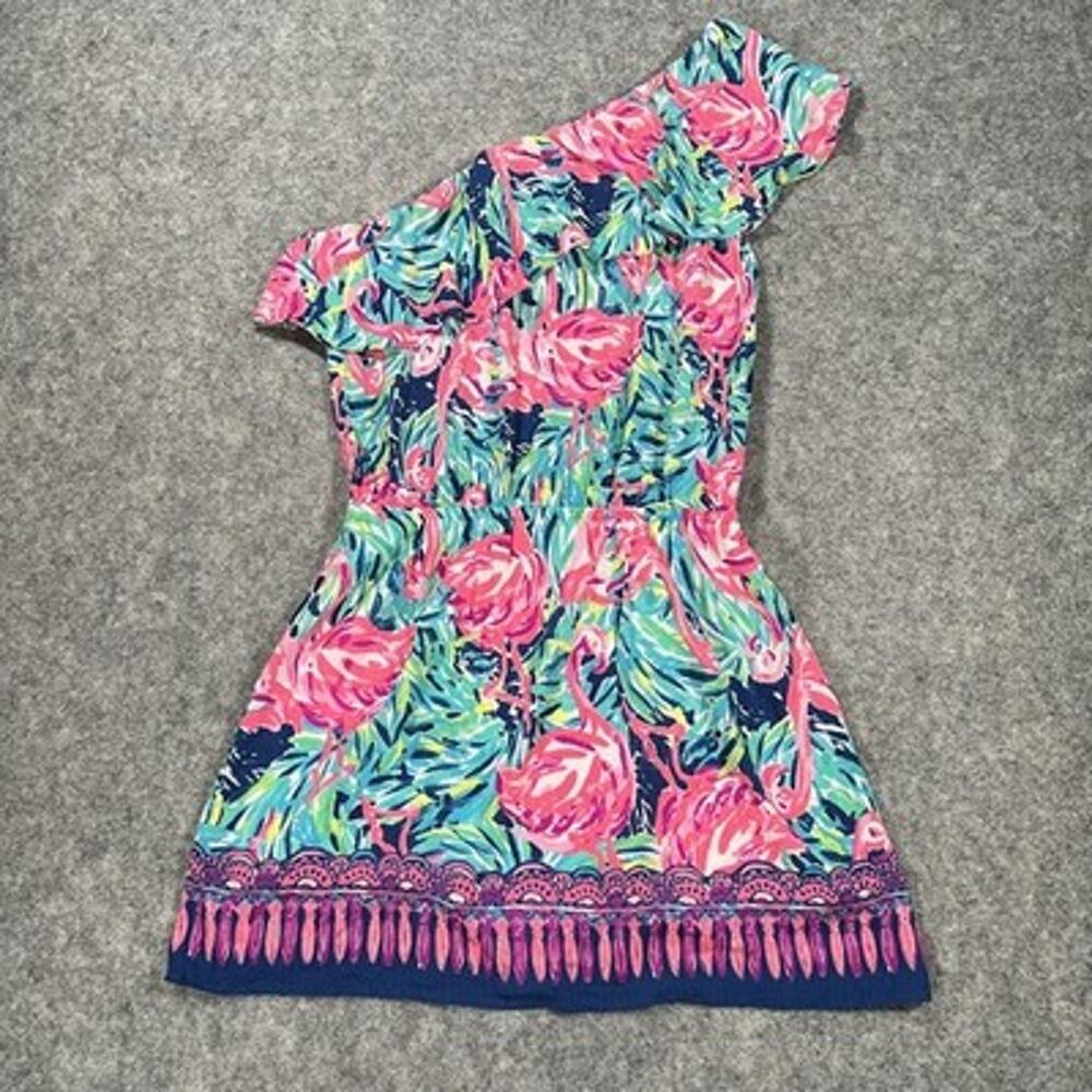 Lilly Pulitzer Romper Womens S Pink Blue Rhett Flamingo One Shoulder Ruffle